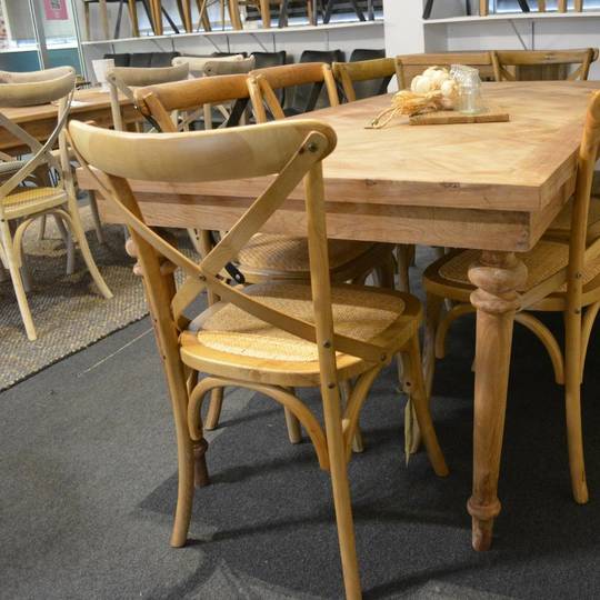 Elm Dining Table Parquet with Turned Leg + 8 Delphi Oak Cross Chair with Rattan Seat Set